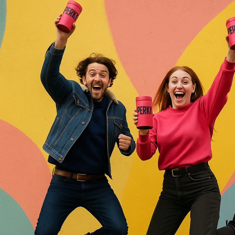 Two people jumping in the air with pink Perky tins against a colourful abstract background