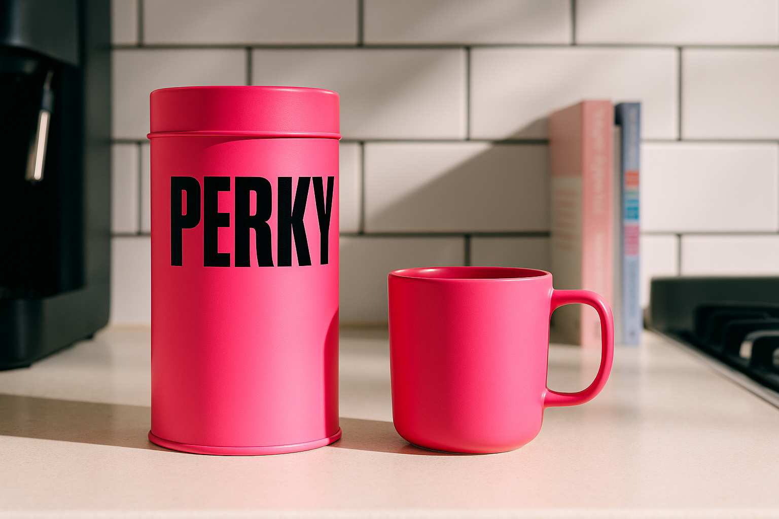 Perky coffee tin sitting alongside a pink mug on a kitchen counter